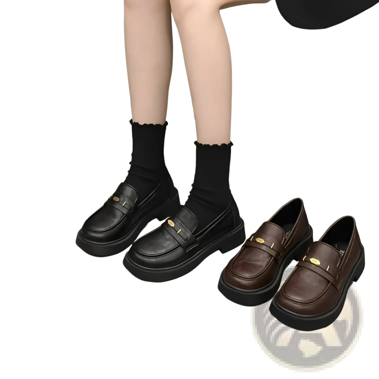 Brown and black leather loafers with gold-tone buckles on thick soled platforms showcasing front and side views