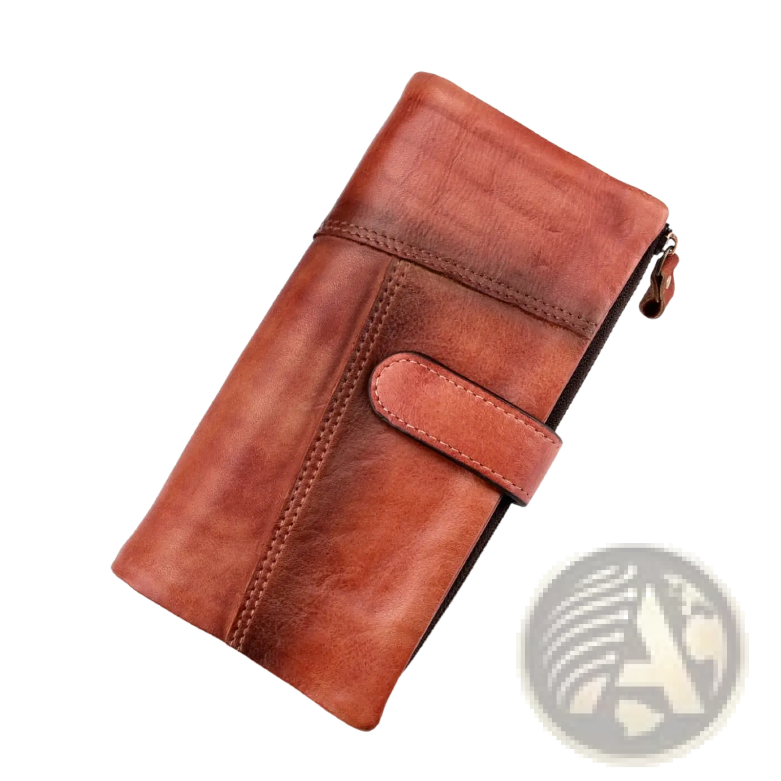 A brown leather long wallet with vintage stitching featuring a zipper closure and a flap strap