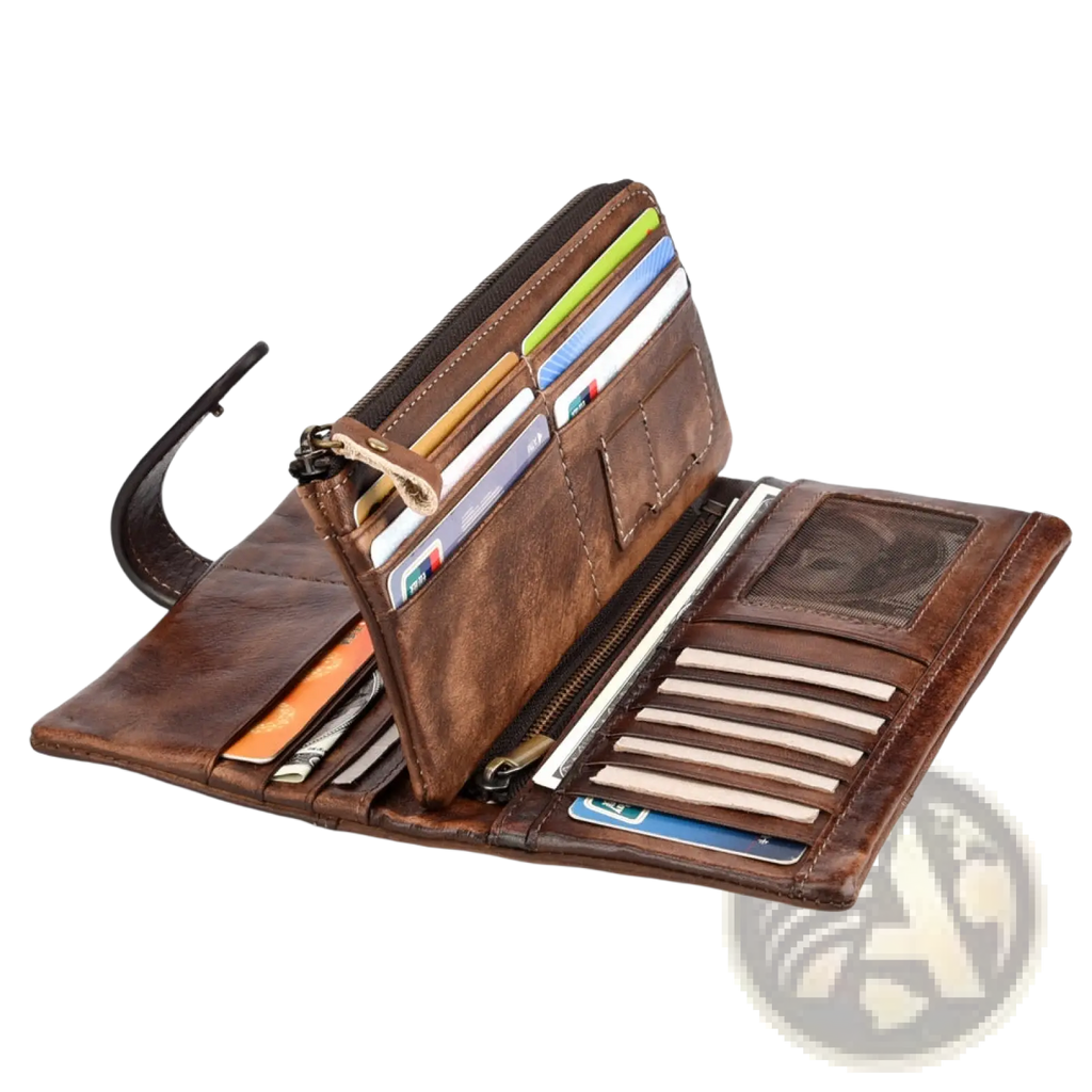 Brown leather long wallet with vintage stitching features multiple card slots zipper compartments and sturdy handle