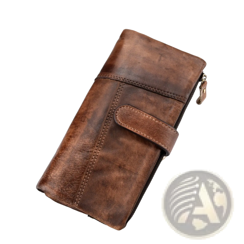 A vintage-style brown leather long wallet with distressed finish, visible stitching, and a zipper closure on one side