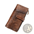 A vintage-style brown leather long wallet with distressed finish, visible stitching, and a zipper closure on one side