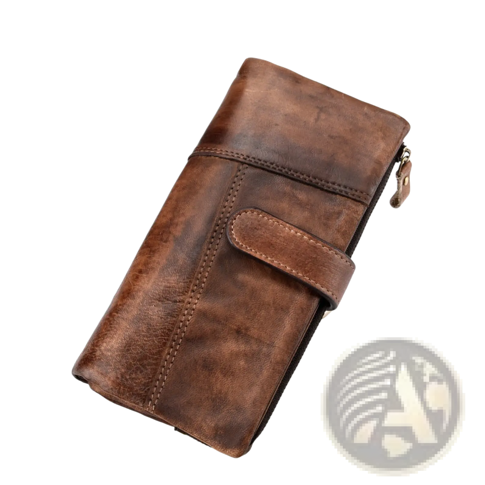 A vintage-style brown leather long wallet with distressed finish, visible stitching, and a zipper closure on one side