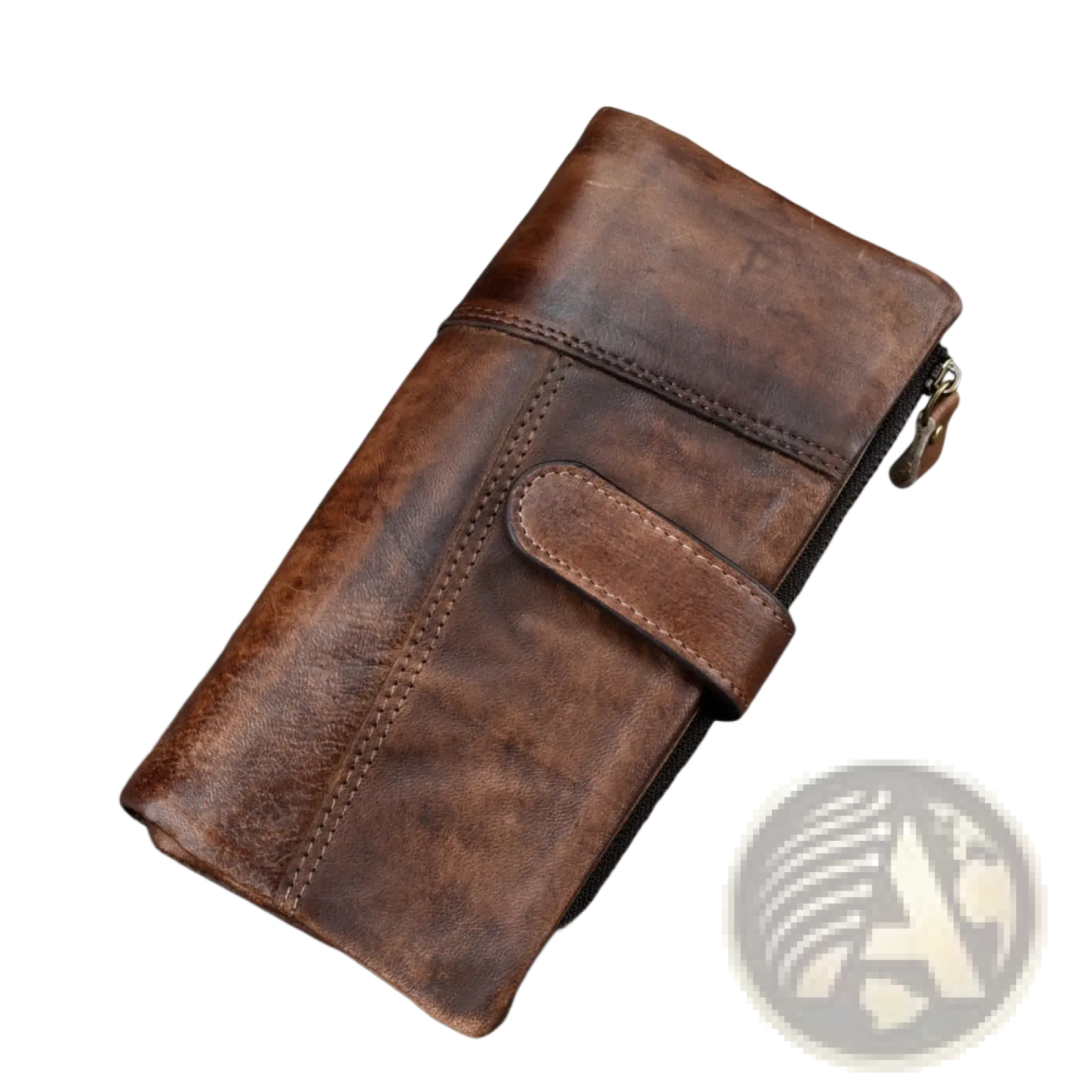 Brown leather long wallet with vintage stitching, distressed finish, and zipper closure on one side