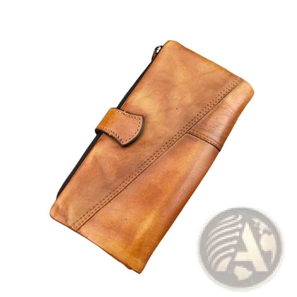 A tan leather long wallet with vintage stitching and a zipper closure designed for secure storage