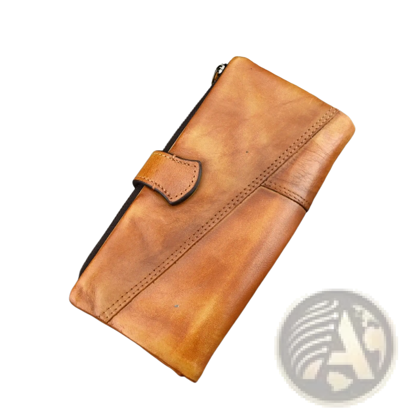 A tan leather long wallet with vintage stitching and a zipper closure designed for secure storage