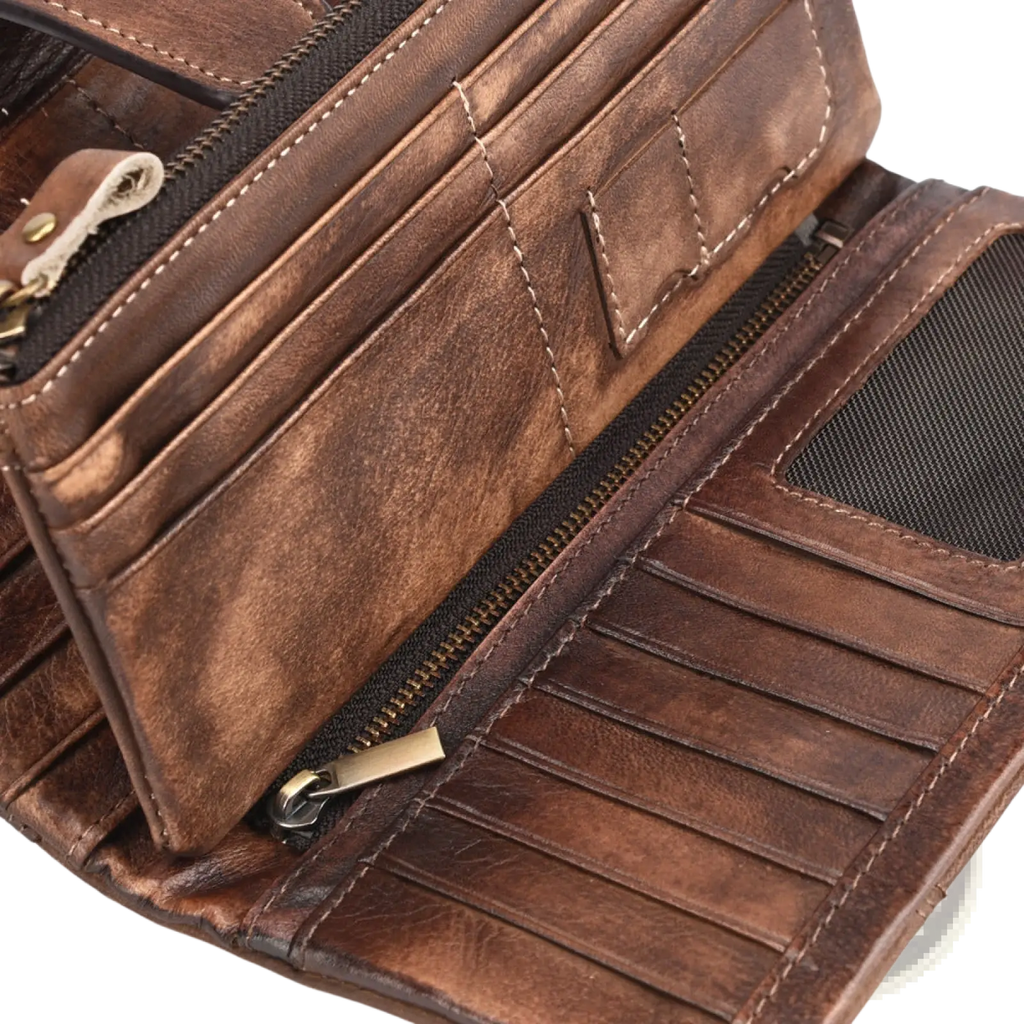 Brown leather long wallet with vintage stitching zippers and card slots showcasing durable leather craftsmanship