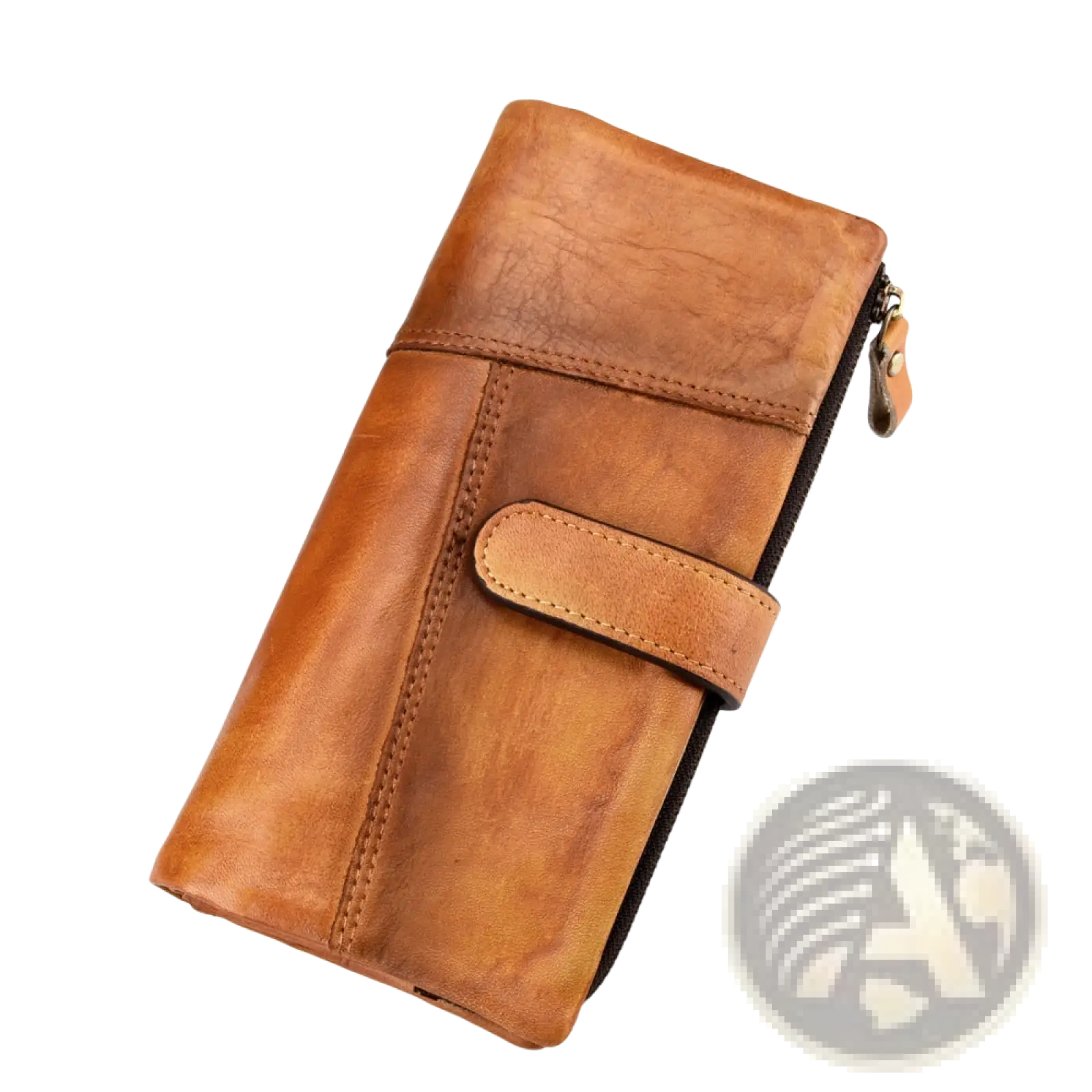 Brown leather long wallet with vintage stitching zipper closure flap strap in tan leather material