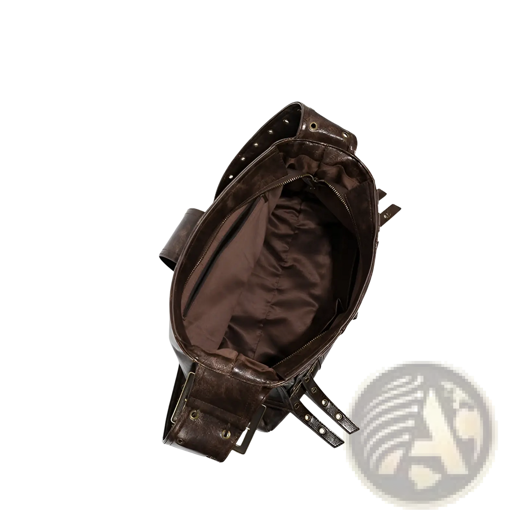 Brown leather punk crossbody bag with rivets featuring a zipper closure and adjustable straps