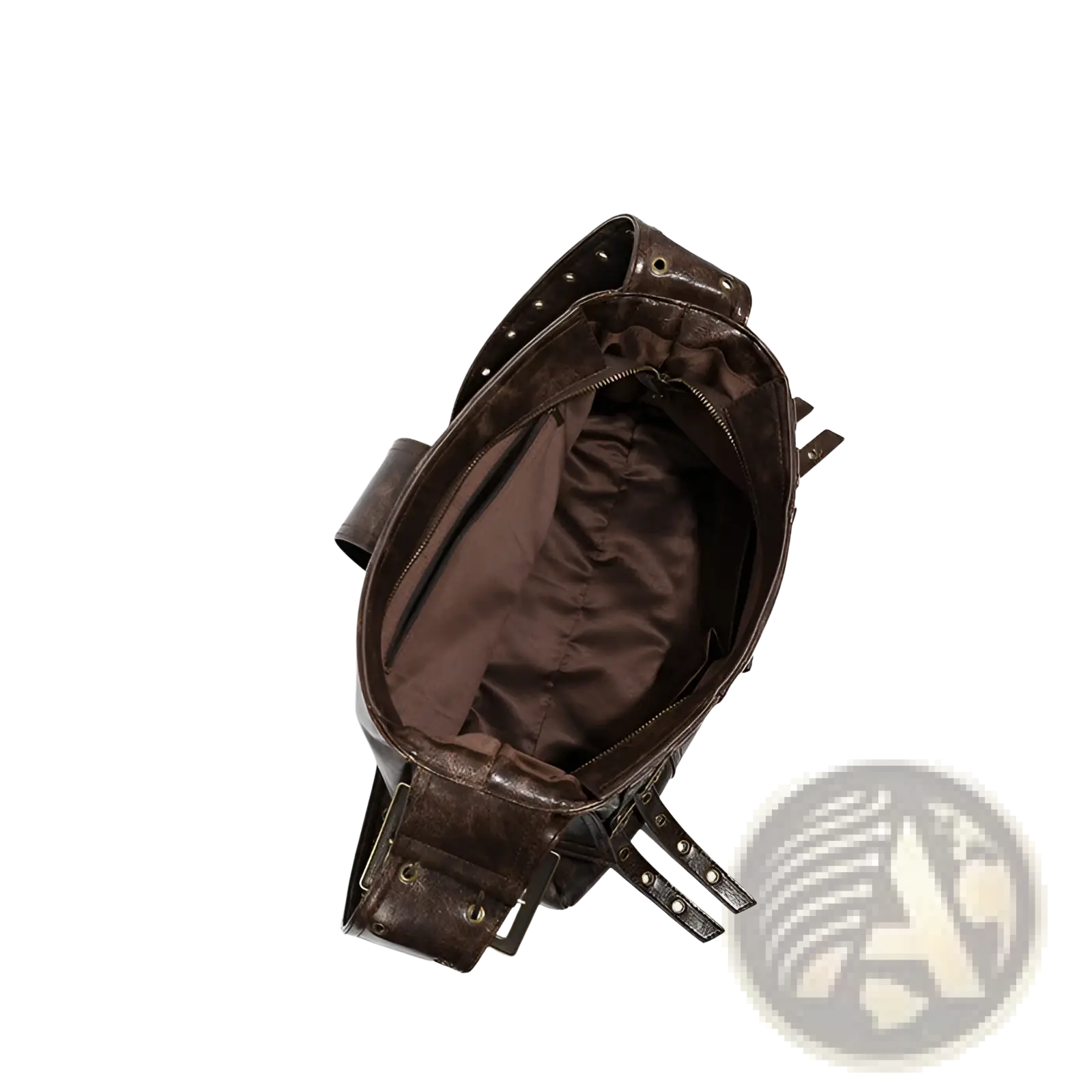 Brown leather punk crossbody bag with rivets featuring a zipper closure and adjustable straps
