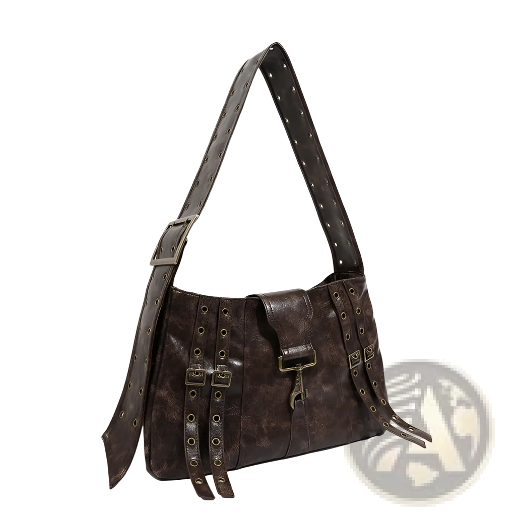 Brown leather punk crossbody bag with distressed dark brown leather, metal buckles, and rivets along the straps