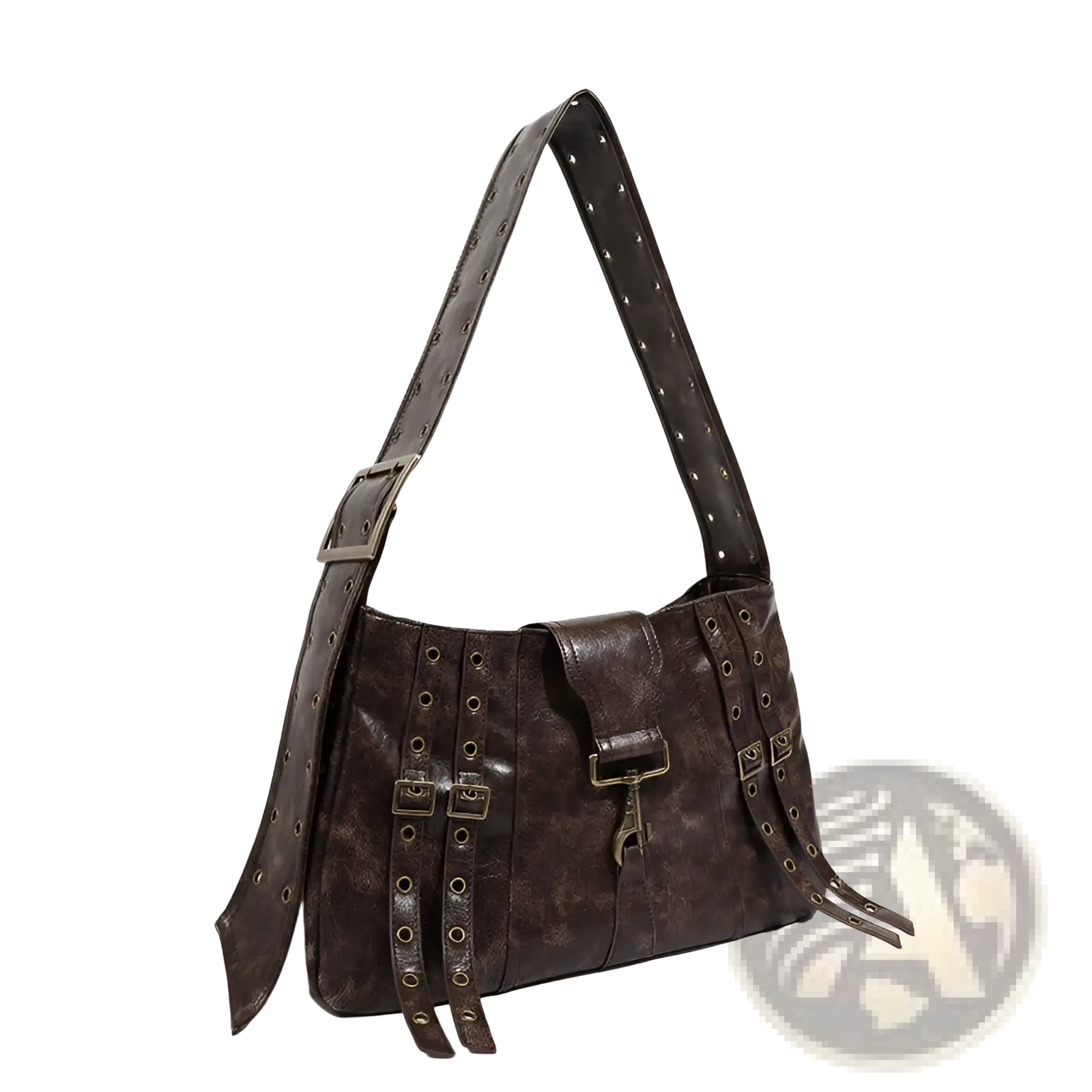 Brown leather punk crossbody bag with distressed dark brown leather, metal buckles, and rivets along the straps
