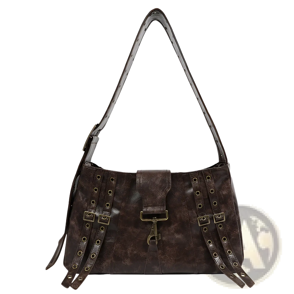 Brown leather punk crossbody bag with dark brown distressed texture shoulder strap and metallic buckle details