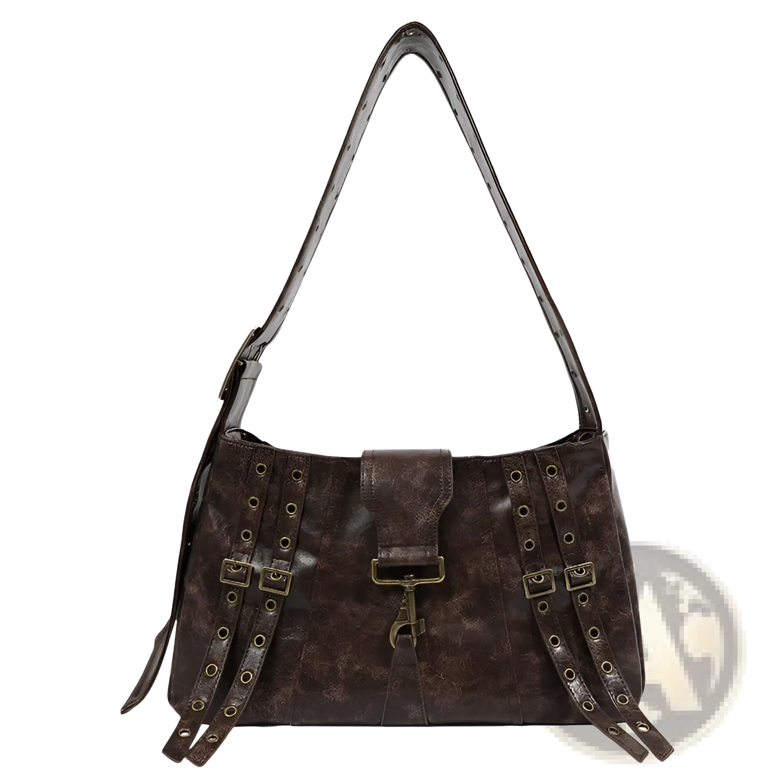 Brown leather punk crossbody bag with dark brown distressed texture shoulder strap and metallic buckle details