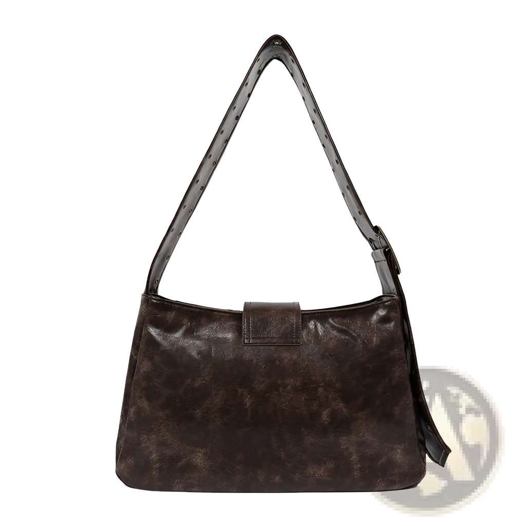 Dark brown distressed leather shoulder bag with vintage texture and adjustable strap for punk crossbody use