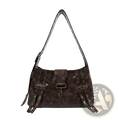 Brown leather punk crossbody bag with rivets featuring dark brown textured leather and metal buckles and eyelets on straps
