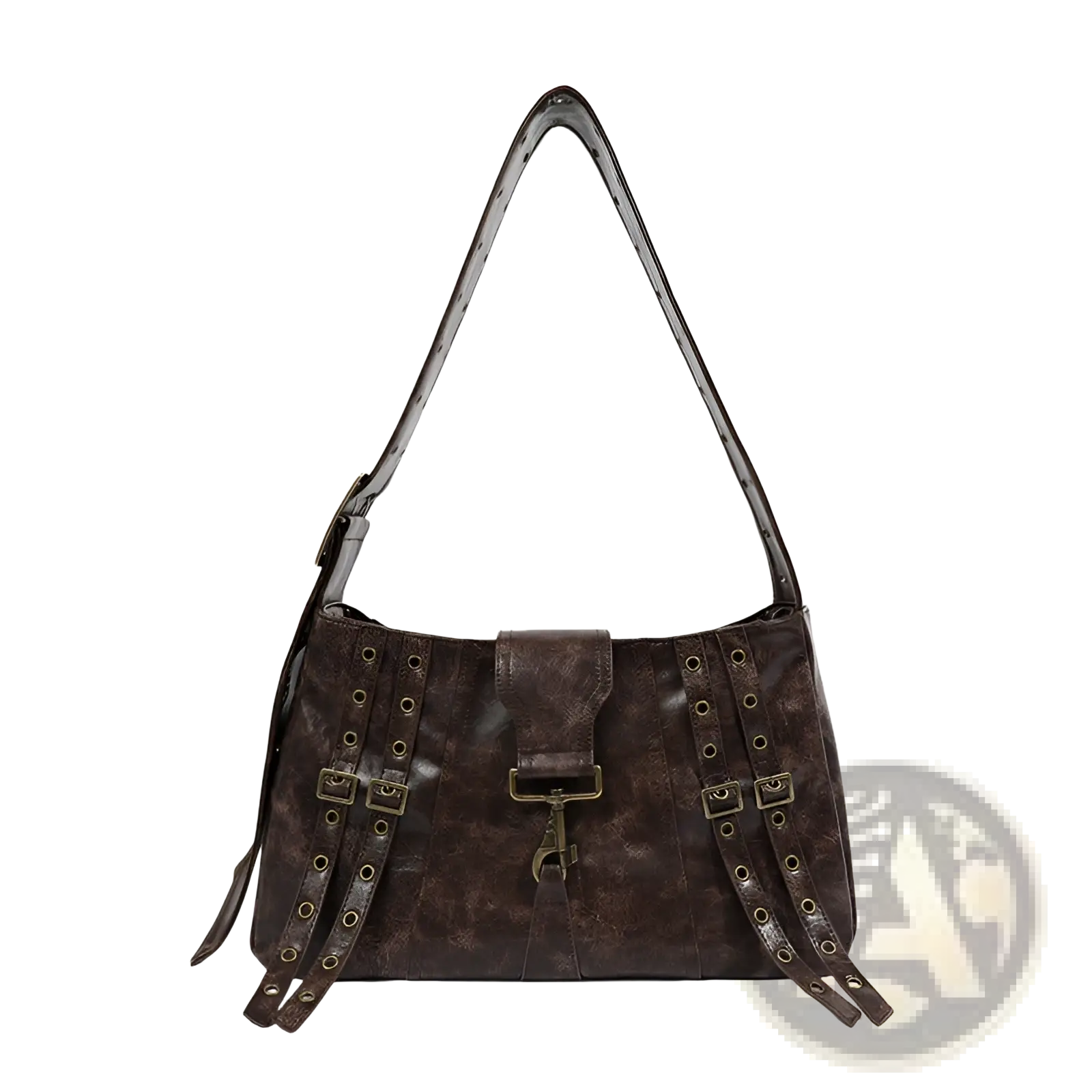 Brown leather punk crossbody bag with rivets featuring dark brown textured leather and metal buckles and eyelets on straps
