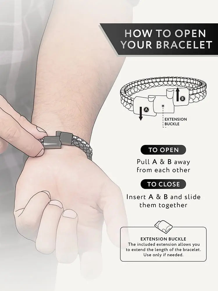 Gray braided leather bracelet with magnetic clasp and extension buckle featured with brown braided leather and silver box chain design