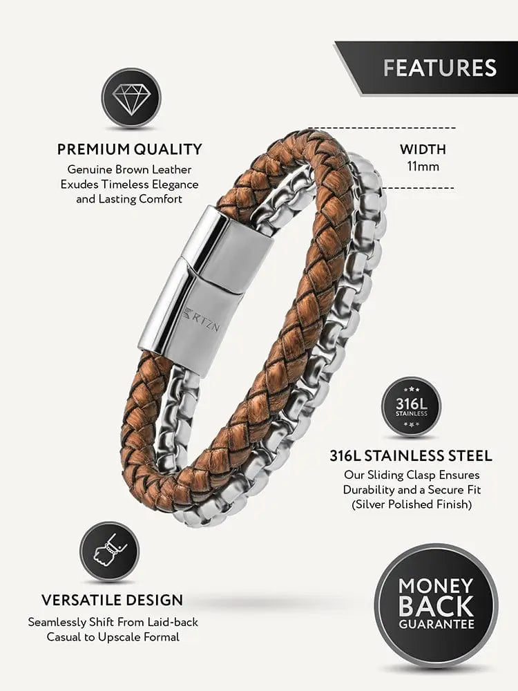 Brown braided leather and silver stainless steel box chain bracelet with sleek magnetic clasp for men