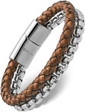 Brown braided leather and silver-toned box chain bracelet with magnetic clasp for stylish wristwear