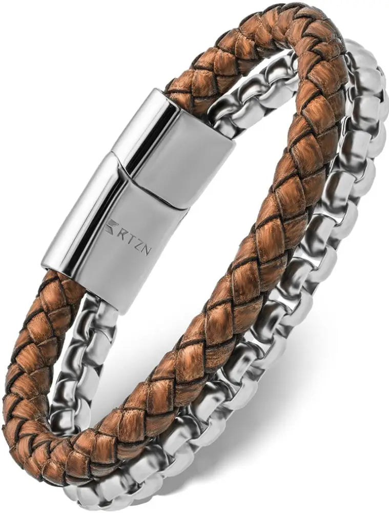 Brown braided leather and silver-toned box chain bracelet with magnetic clasp for stylish wristwear