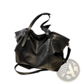 Black leather tote bag with star-studded metal hardware and detachable shoulder strap for versatile use