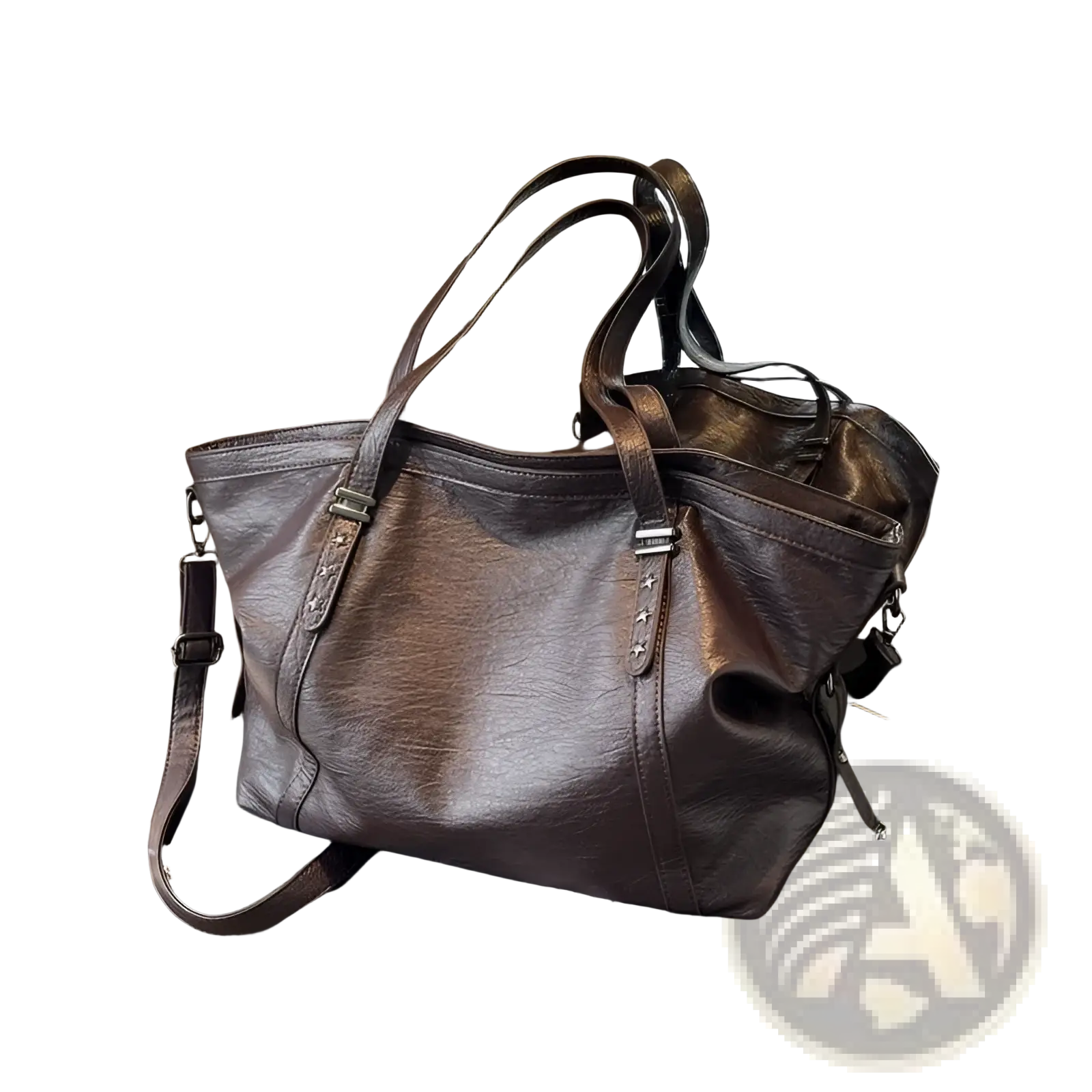 A dark brown leather tote bag with textured surface sturdy handles and metallic hardware accents in a retro design