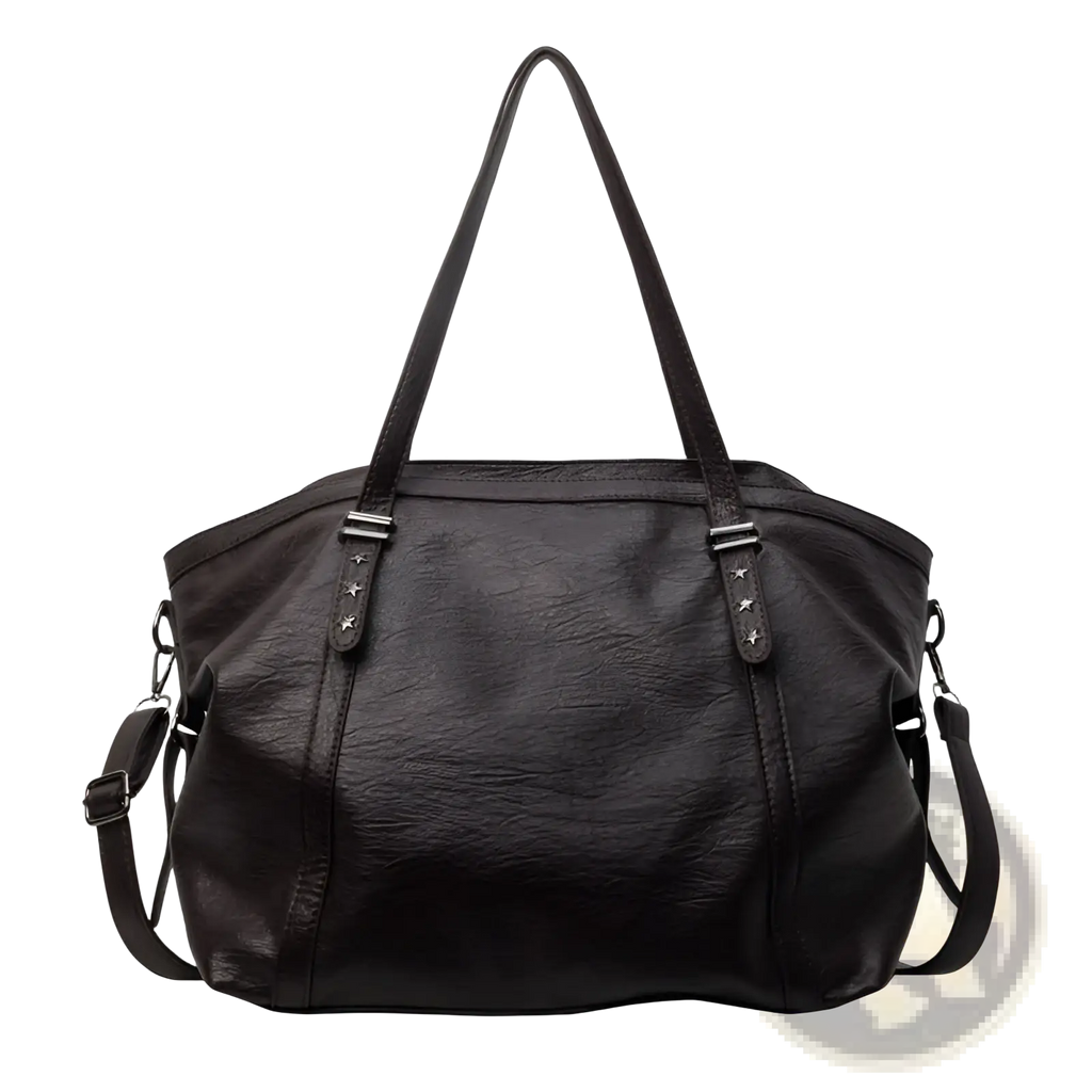 Black leather messenger bag with star-studded and adjustable shoulder straps for crossbody use