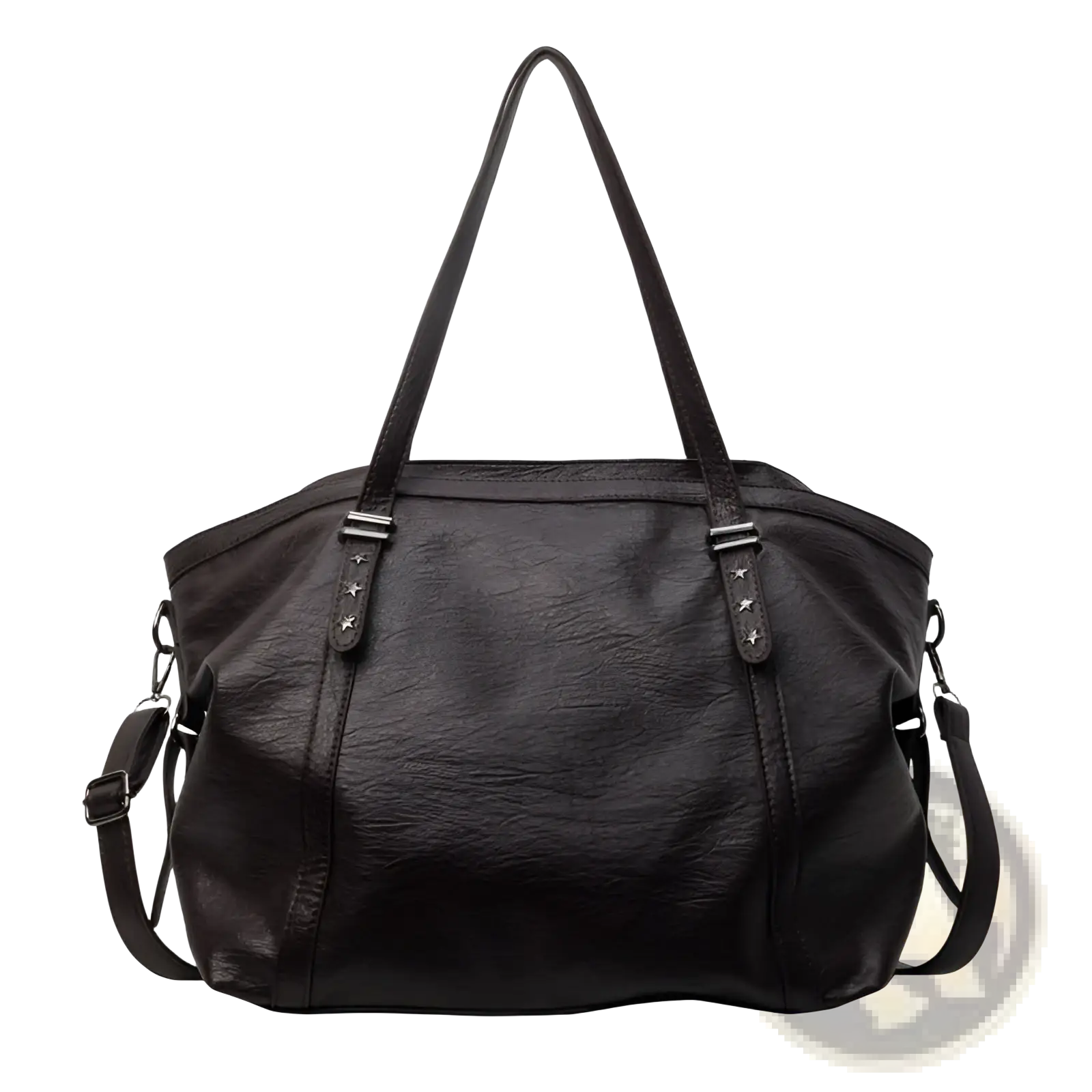 Black leather messenger bag with star-studded and adjustable shoulder straps for crossbody use