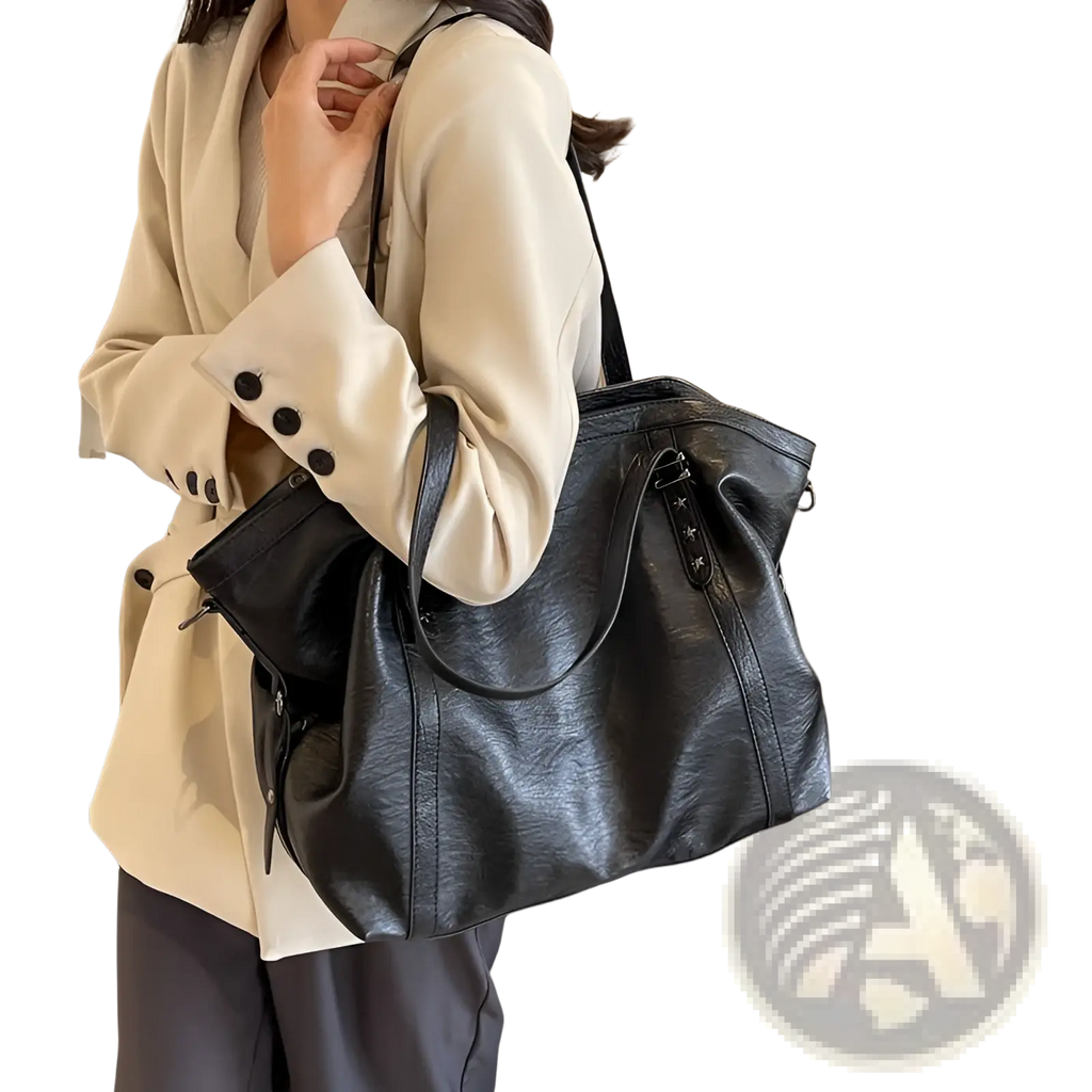 Black leather tote bag with star-shaped metal accents on zipper pulls complements brown leather star studded retro messenger bag