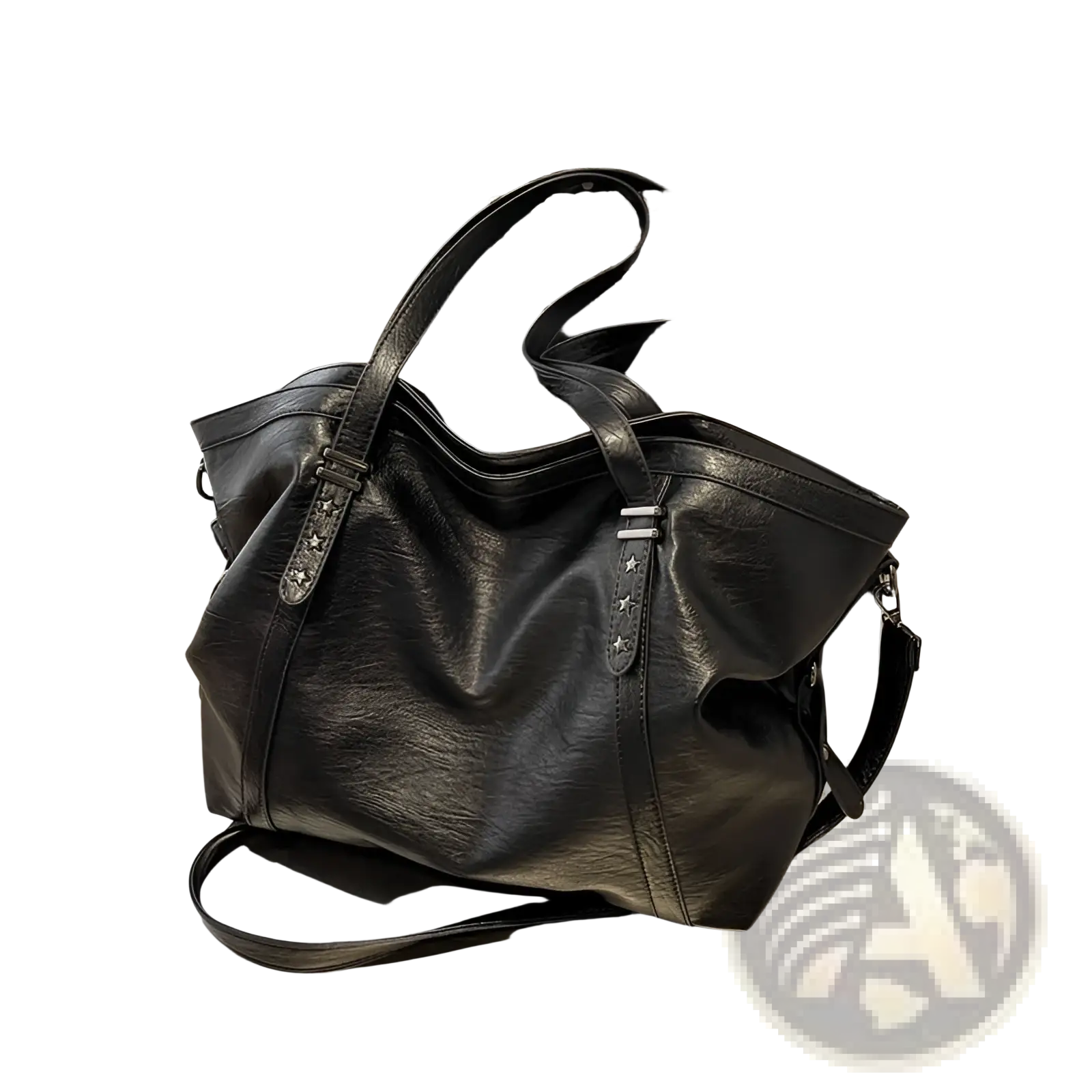 Black leather tote bag with star-studded metal hardware and detachable shoulder strap for versatile use