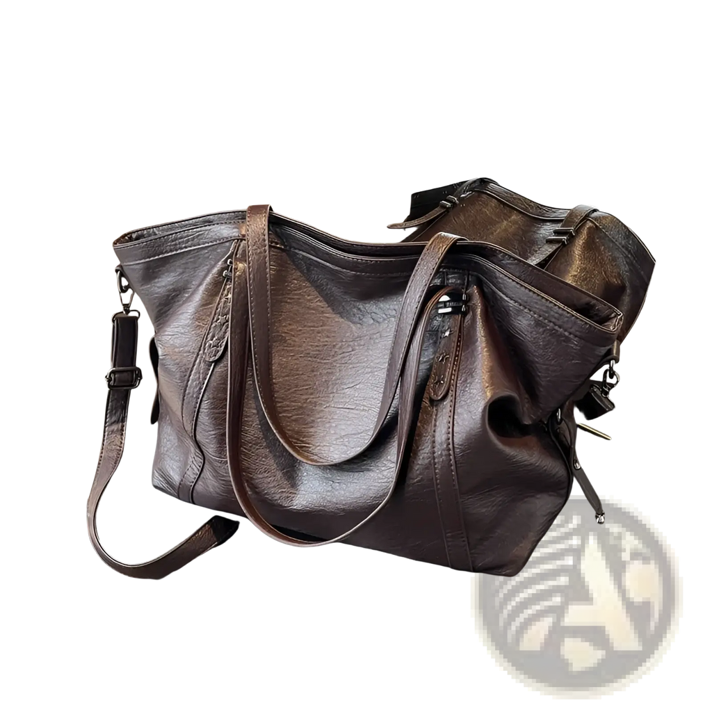 Brown leather star studded retro messenger bag in dark brown leather with dual handles and detachable shoulder strap