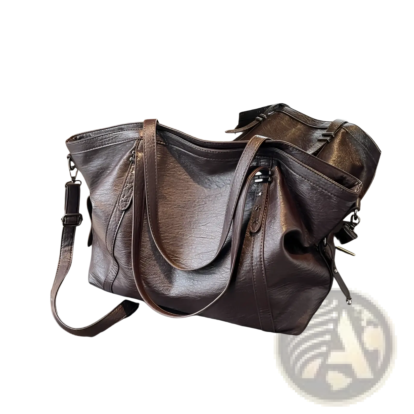 Brown leather star studded retro messenger bag in dark brown leather with dual handles and detachable shoulder strap