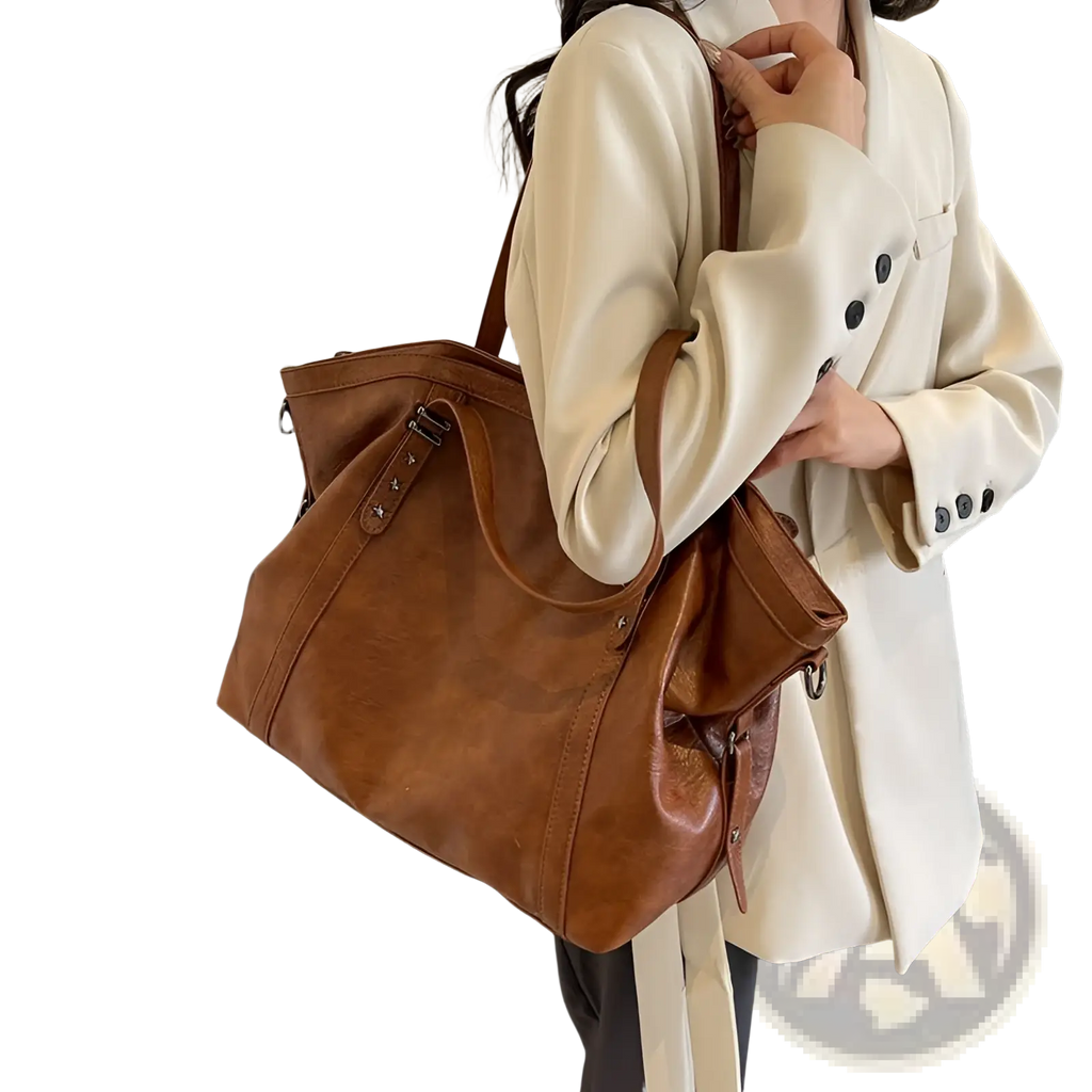 Brown leather star studded retro messenger bag with sturdy handles and metallic hardware accents