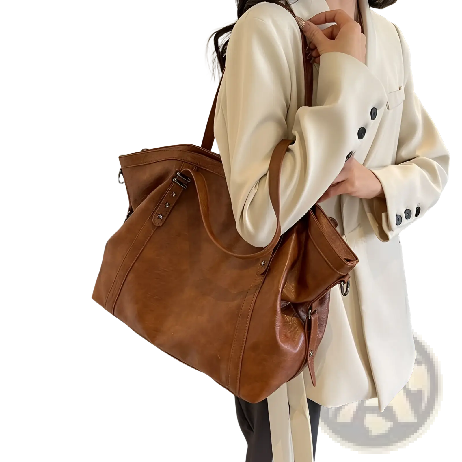 Brown leather star studded retro messenger bag with sturdy handles and metallic hardware accents
