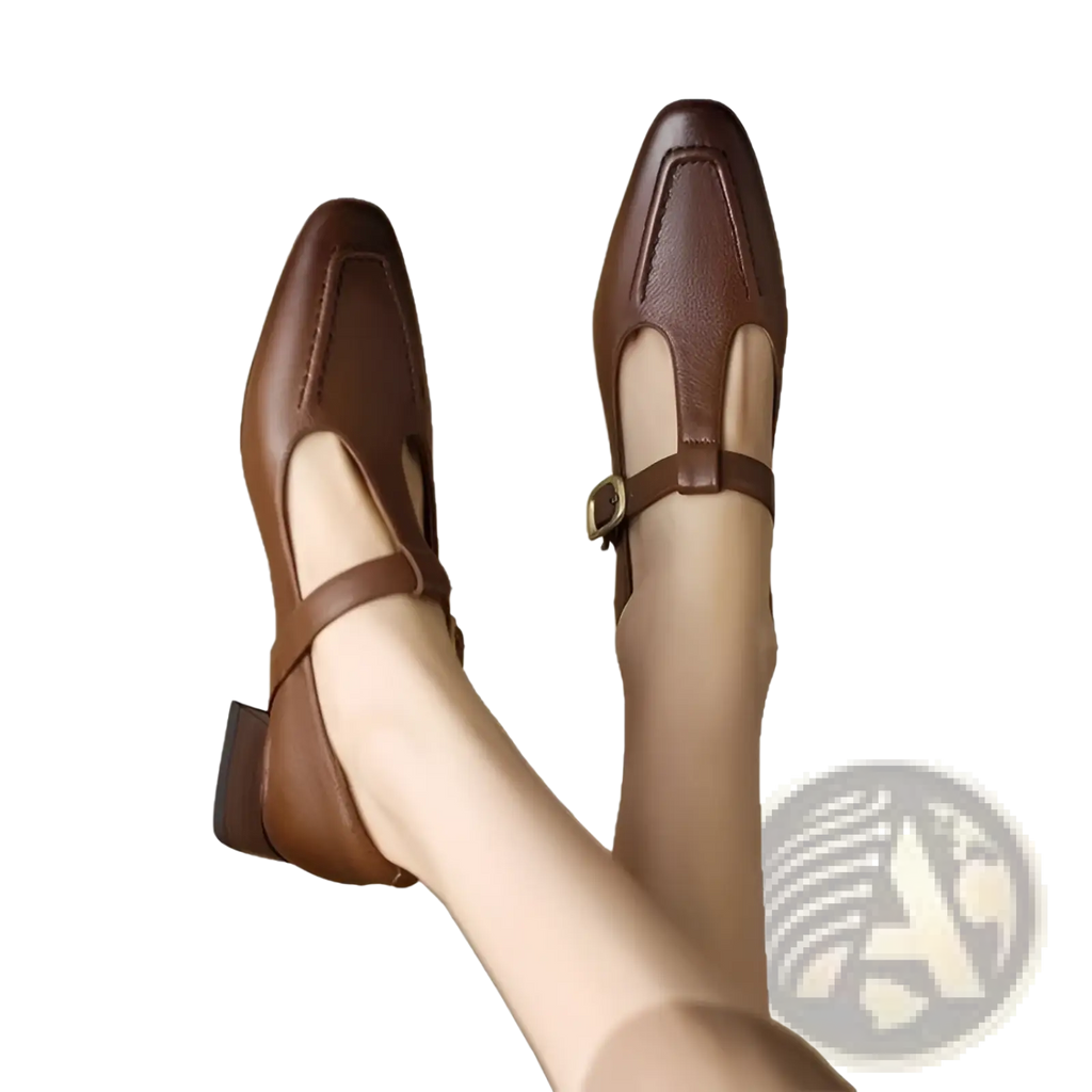 Brown leather mary jane flats with a t-strap, square toe, and low heel for comfortable everyday wear