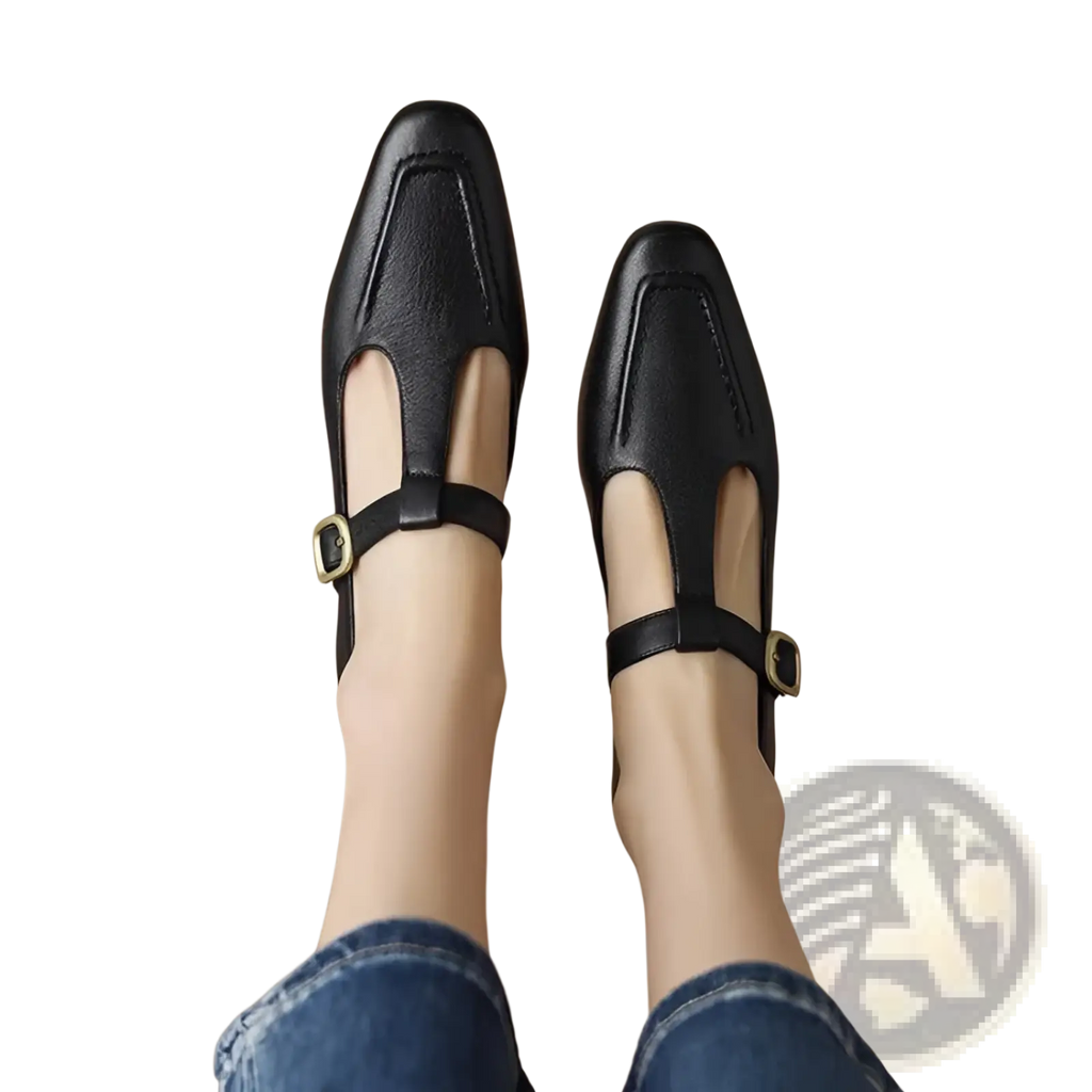 Black leather t-strap flats with gold-tone buckle accents featuring a square toe design for elegant wear