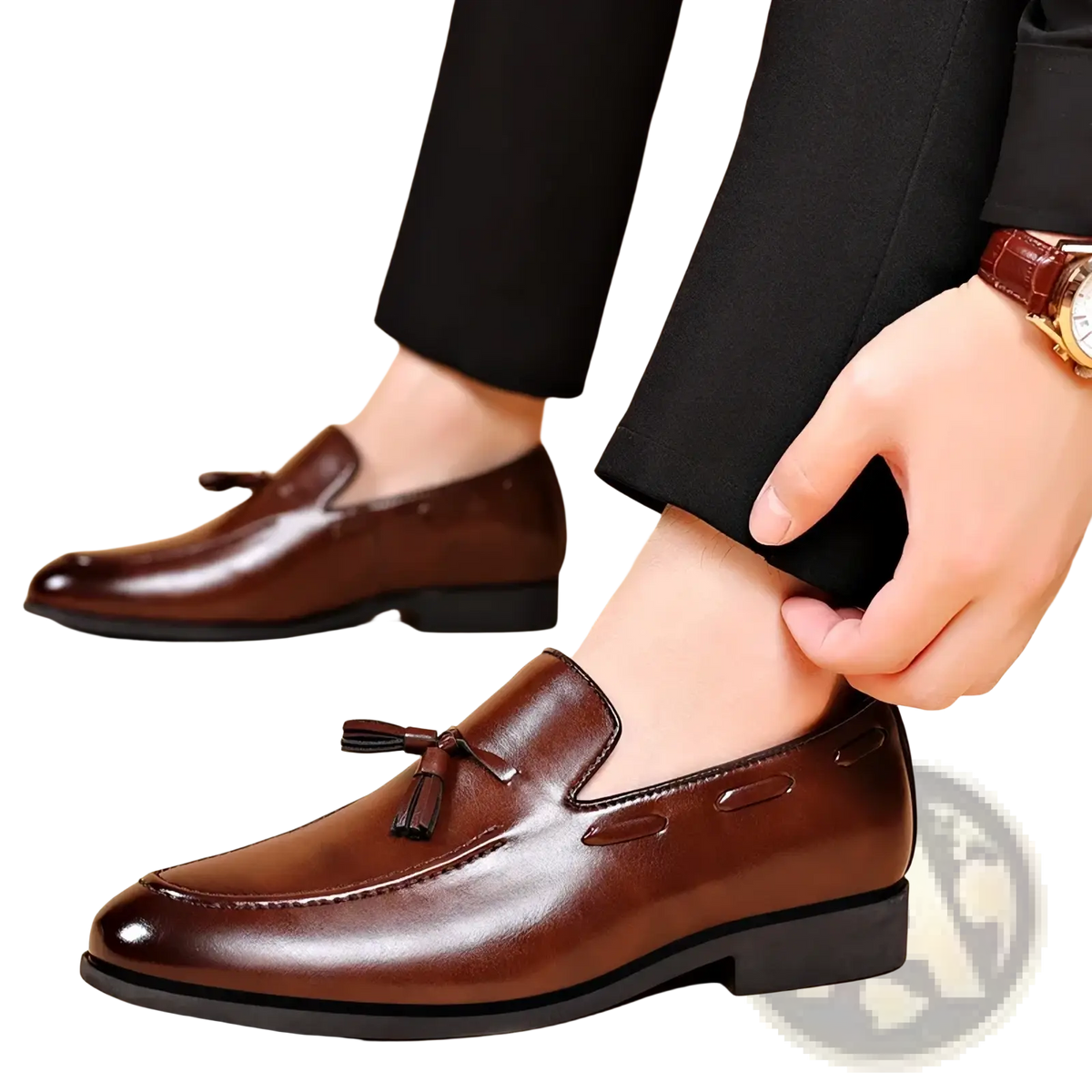 Brown leather tassel loafers with polished finish and subtle stitching details for formal dress shoes