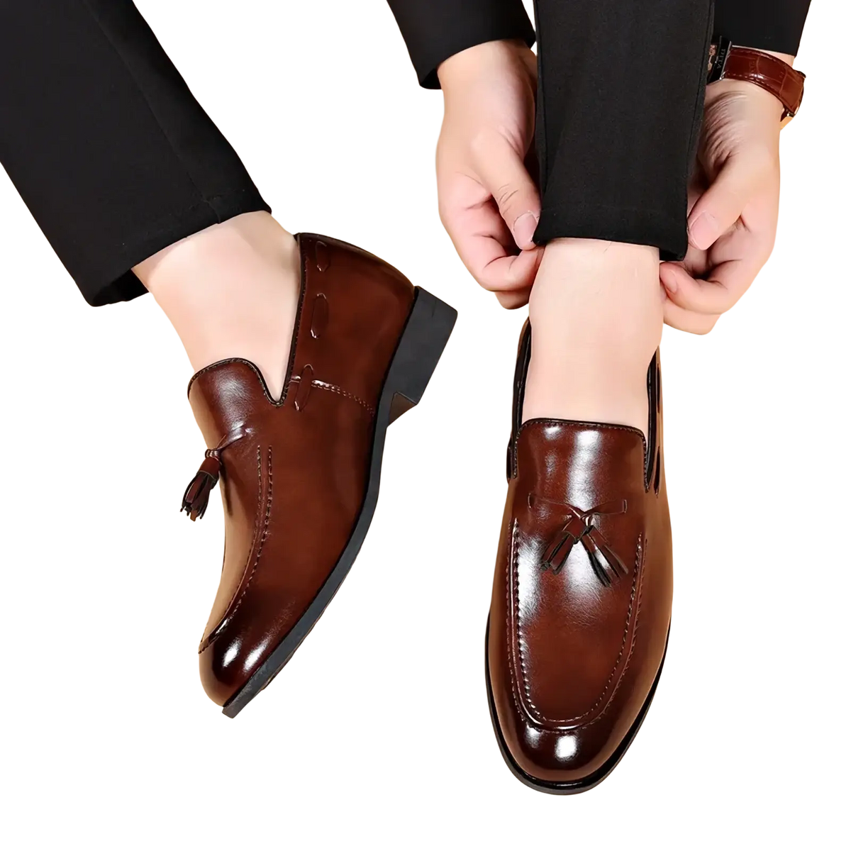 Brown leather tassel loafers with polished finish and classic design for formal dress shoes