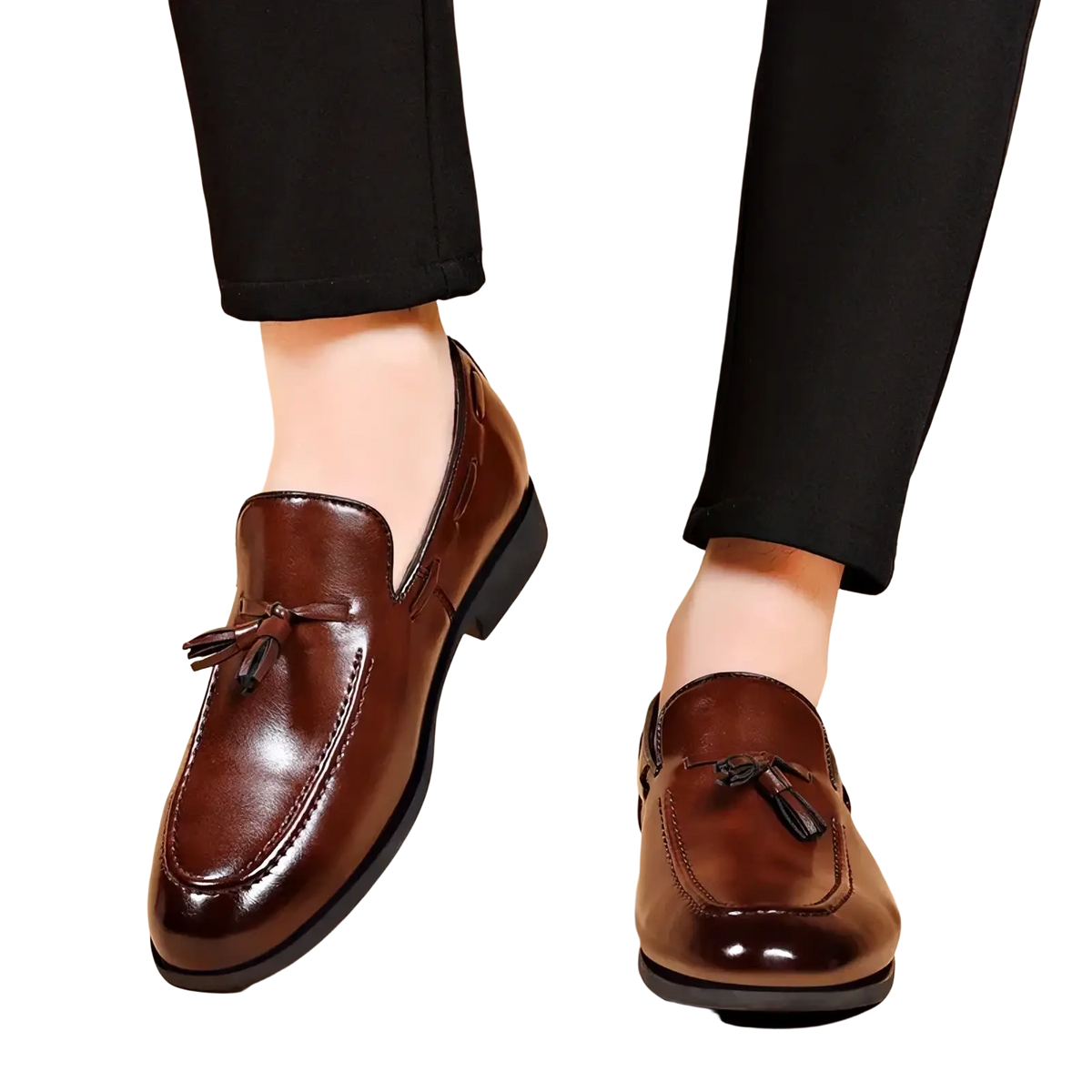 Brown leather tassel loafers with polished finish and black soles formal dress shoes front view