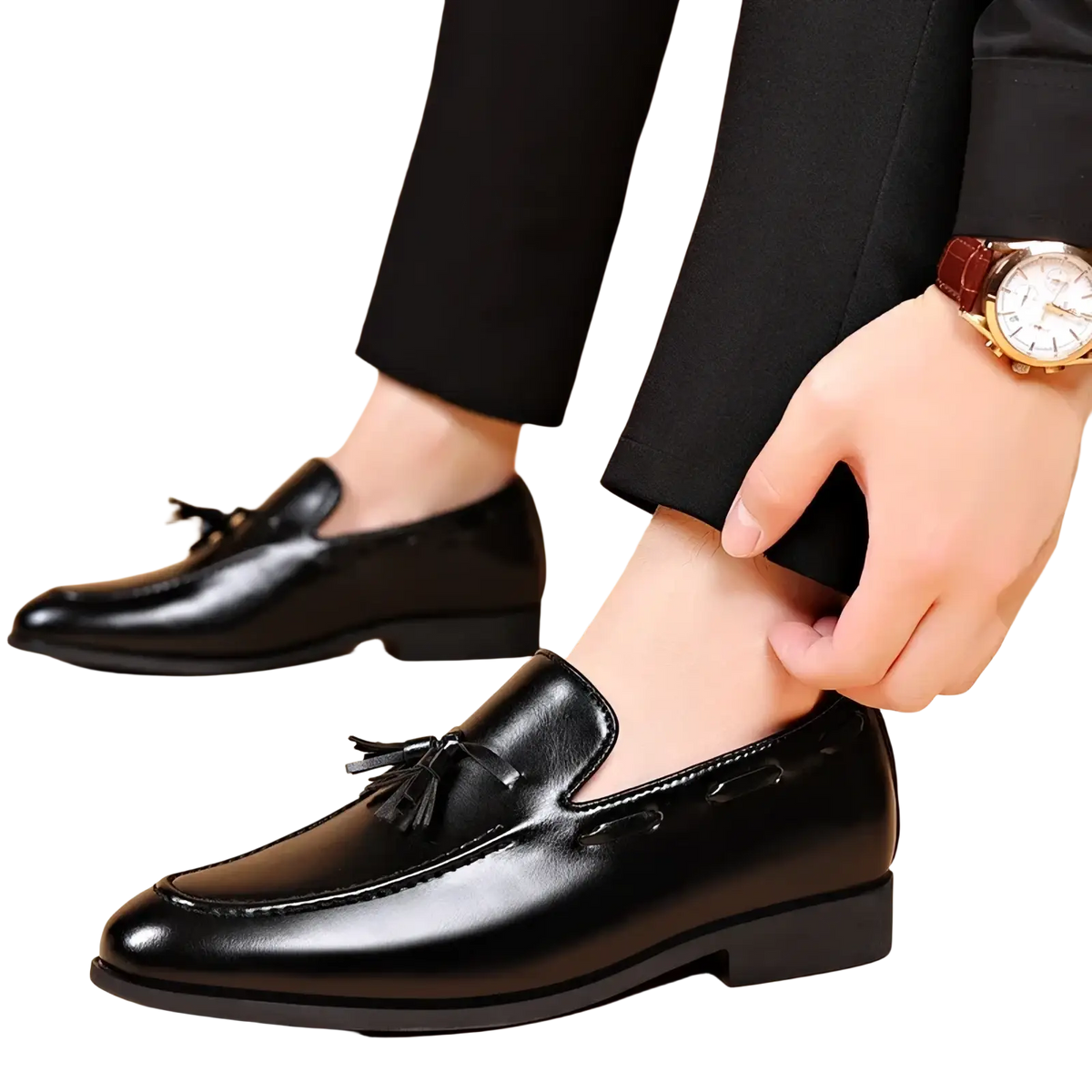 Black leather tassel loafers with polished finish and classic design for formal dress use
