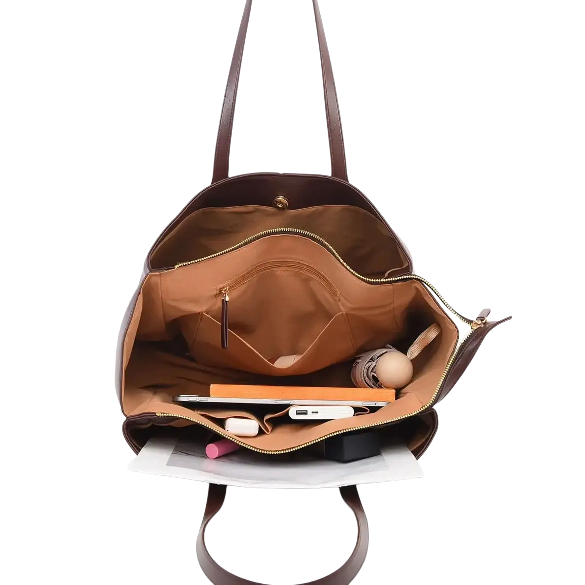 Brown leather tote bag with large capacity spacious interior and gold-toned zippers for casual shopping use
