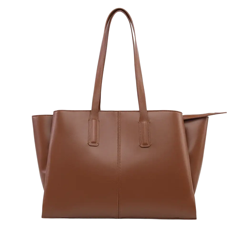 Brown leather tote bag with structured design and dual top handles ideal for large capacity casual shopper use