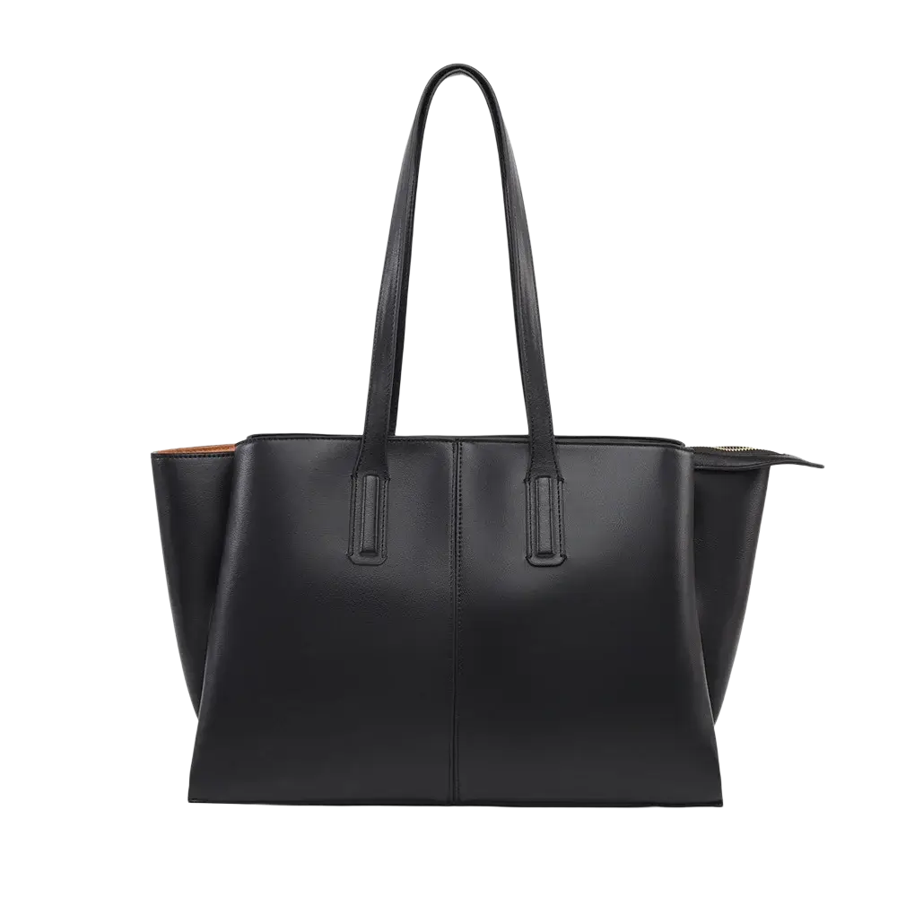 Black leather tote bag with structured design and contrasting tan interior lining for casual shopping use