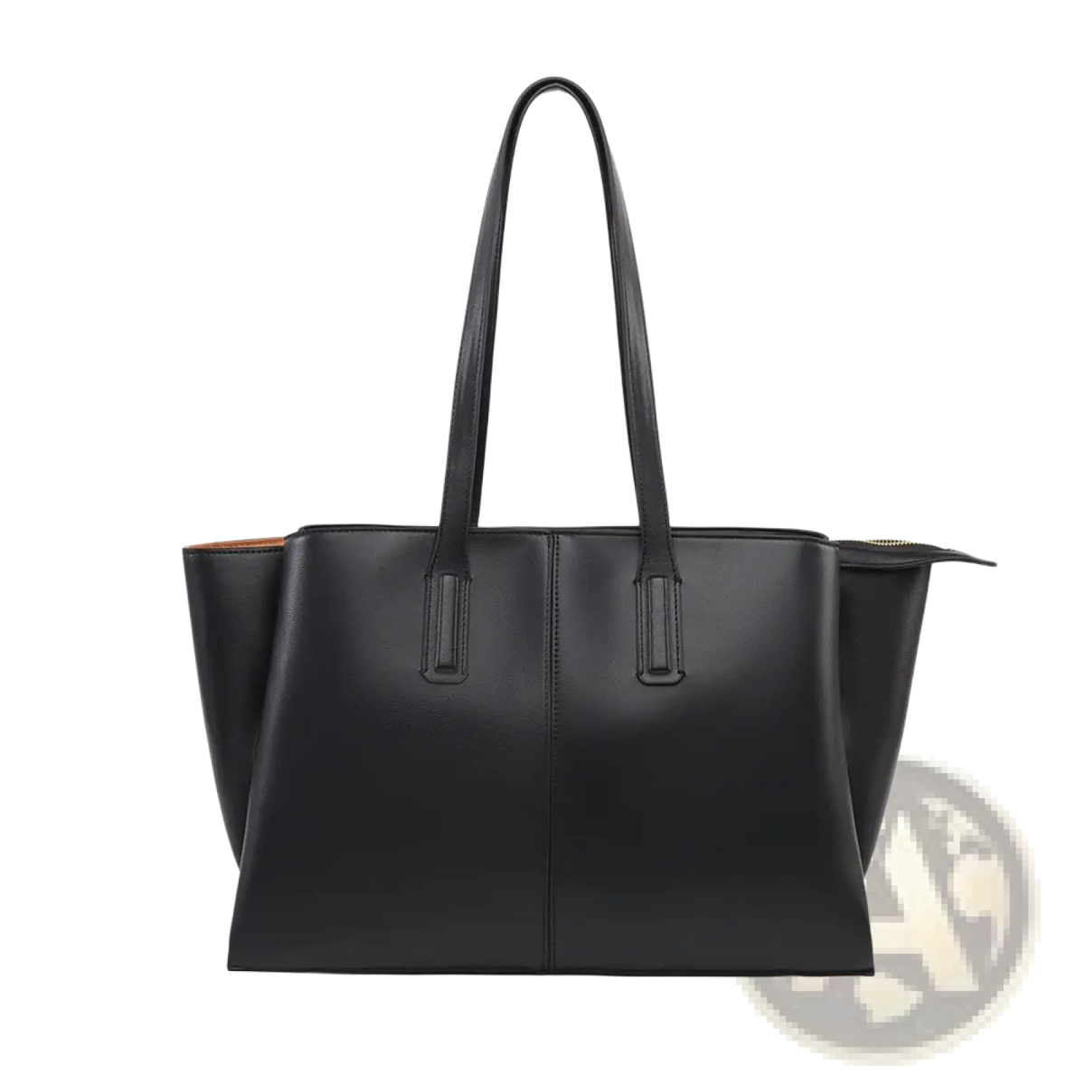 Black leather tote bag with structured design and contrasting tan interior lining for casual shopping use