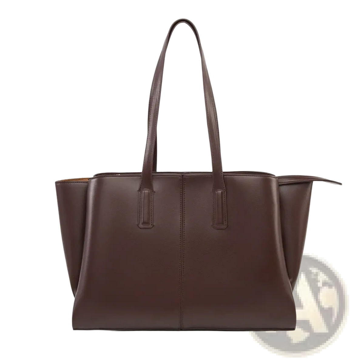 A sleek dark brown leather tote bag with structured sides and handles large capacity casual shopper design