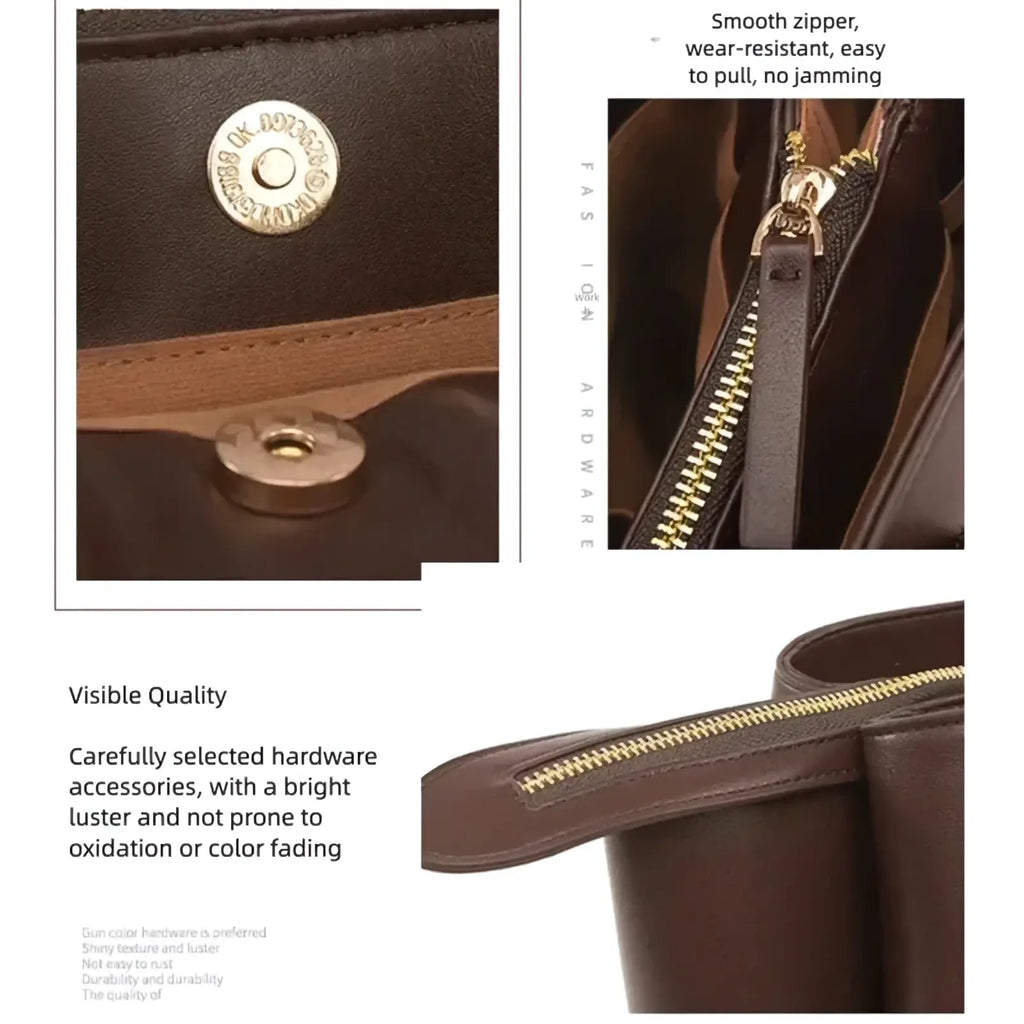 Brown leather tote bag with large capacity featuring gold tone hardware and smooth zipper for casual shopping use