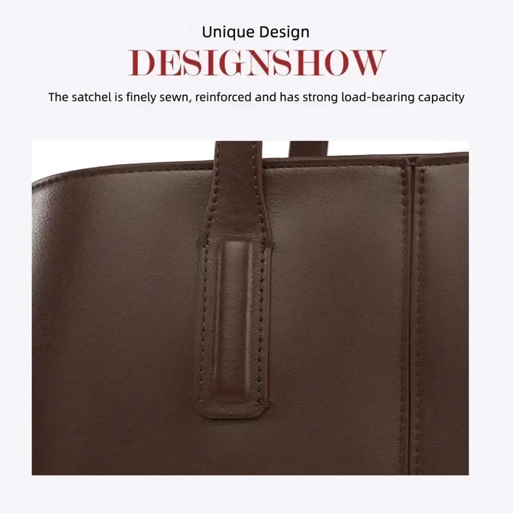 Brown leather tote bag with fine stitching and reinforced handles for large capacity casual shopping use