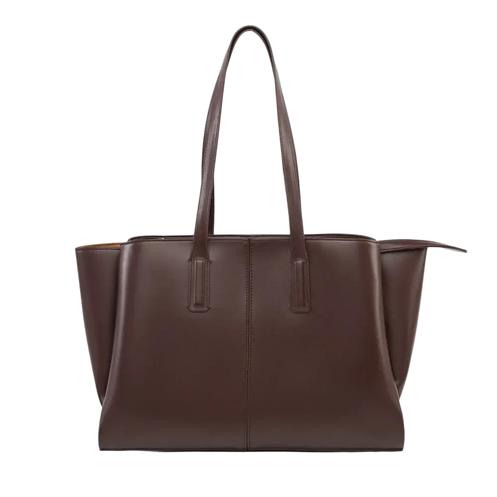 A sleek dark brown leather tote bag with structured sides and handles large capacity casual shopper design