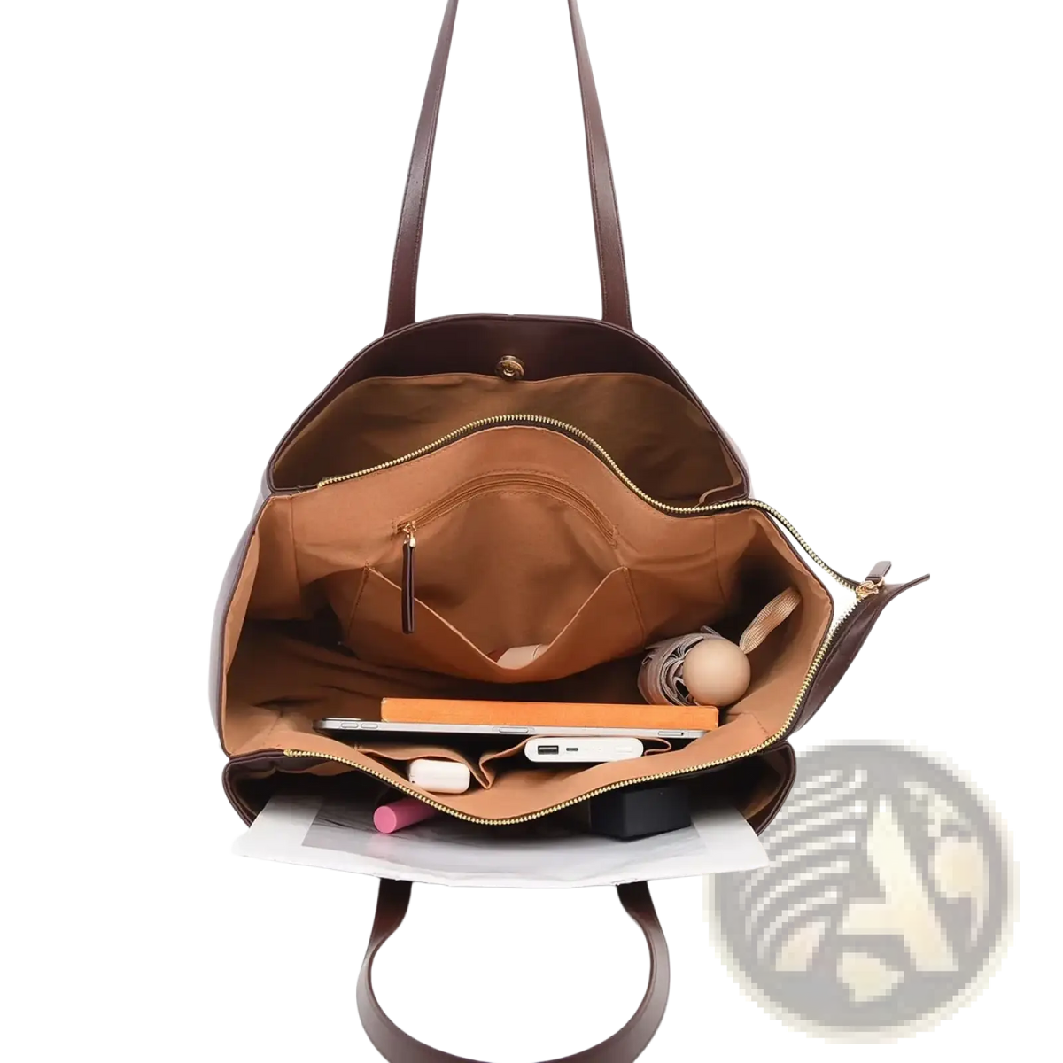 Brown leather tote bag with large capacity spacious interior and gold-toned zippers for casual shopping use