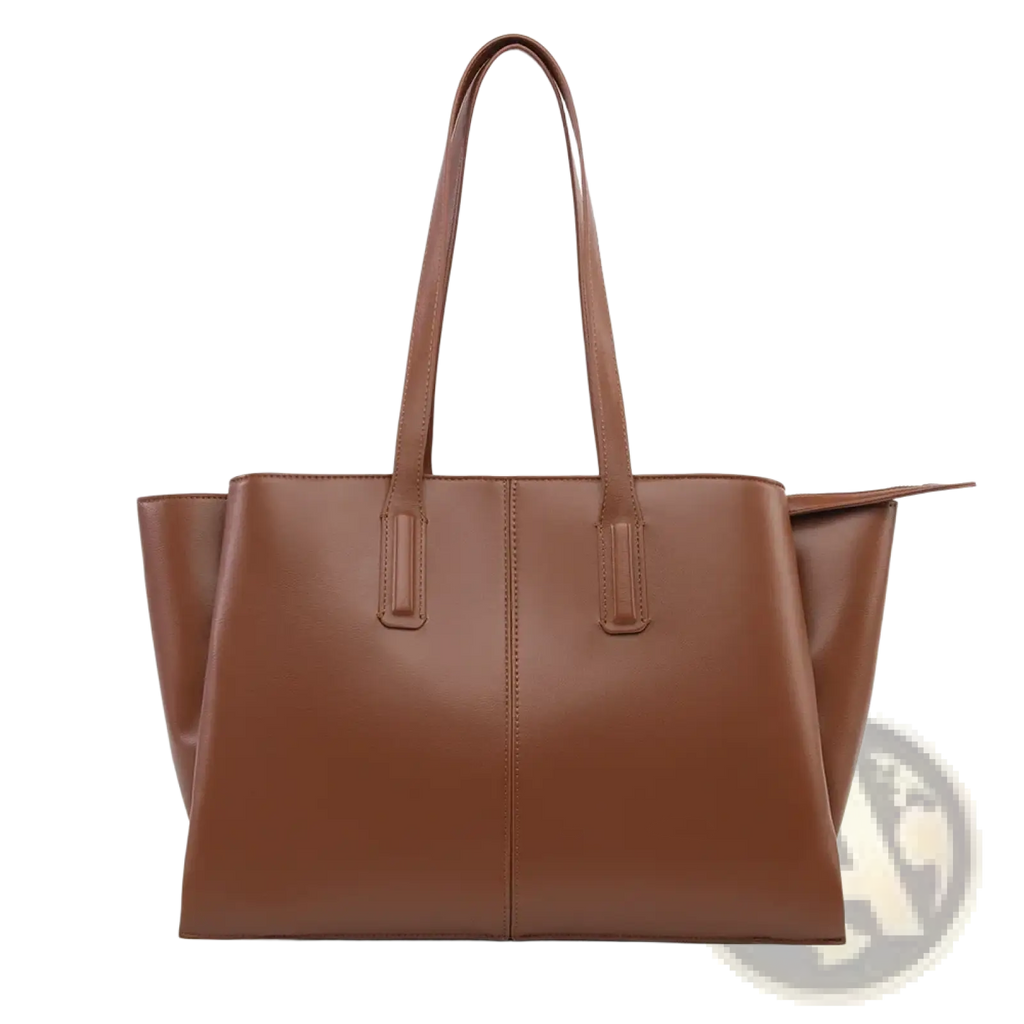 Brown leather tote bag with structured design and dual top handles ideal for large capacity casual shopper use